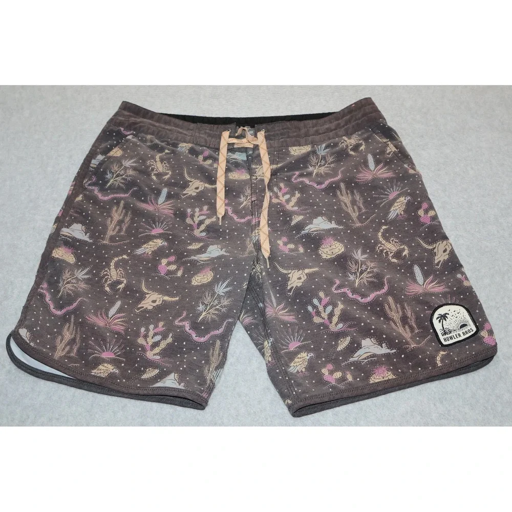 Howler Bros Board Shorts Mens 32 Brown Desert Cactus Scorpion Print Swim Trunks